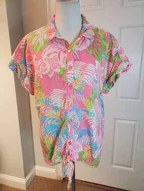 Belle Beach By Kim Gravel Tropical Pink Floral Button-Front Tie Shirt